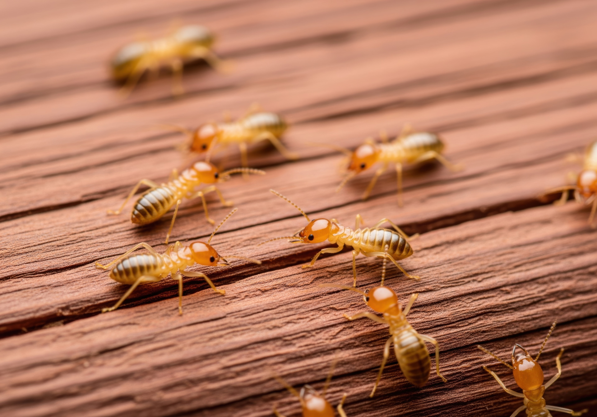Dampwood termites infesting moist or decaying wood in structural areas of a building